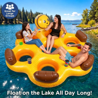 6-Personen PVC Aufblasbare 6x6FT Waben-Poolliege Strand- & See-Luftmatratze mit Rückenlehnen und Getränkehaltern