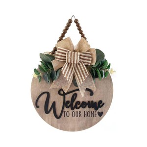 Letrero de bienvenida 3D para puerta Delantera, <span class=keywords><strong>estilo</strong></span> granja, letrero colgante redondo de madera con hojas artificiales y cuentas rústicas, tema artístico - Product Image 1