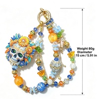 Cordon de téléphone perlé et dragonne de poignet à motif Crâne de sucre d'Halloween, avec fleur en cristal colorée, porte-clés et breloque de sac pour femmes