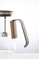 Théière en verre borosilicate magnétique personnalisable avec logo, infuseur, poignée en bois à texture unique et emballage cadeau