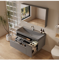Ensemble de meuble-lavabo de salle de bain avec vasque intégrée en pierre dorée, panier extractible et armoire miroir intelligente, style japonais