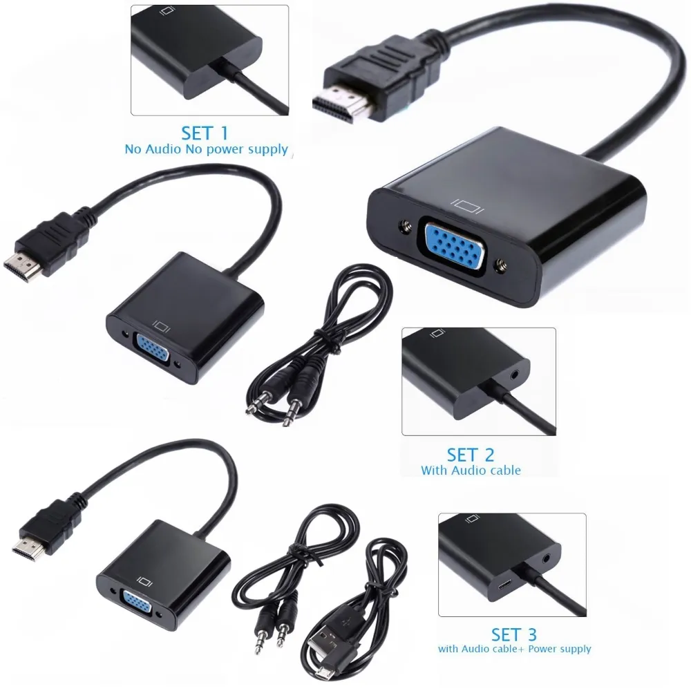 Adaptateur HDMI vers VGA avec prise jack 3.5mm câble de convertisseur audio HDMI mâle vers VGA femelle adaptateur de convertisseur vidéo 1080P pour tablette PC