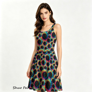 เดรสทรงสเก็ตเตอร์แขนกุดสำหรับผู้หญิง ลายพิมพ์ดิจิทัลลายดอกทานตะวันสไตล์ไซเคดีลิค ทรงเอไลน์ กระโปรงบาน แต่งกระเป๋า ลายดอกไม้แบบนามธรรมสีสันสดใส - Product Image 1