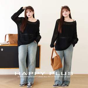 Conjunto de Suéter Tejido para Mujer Runqi, Top Negro Holgado con Diseño Calado y Jeans Azules Lavados, Talla Grande, Estilo Casual - Product Image 5