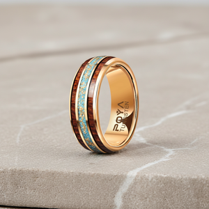 טבעת טונגסטן בצבע זהב ורוד 8 מ\\\"מ, משובצת עץ לונגן, טורקיז ונייר זהב, מתאימה לגברים ונשים כמתנה - Product Image 5