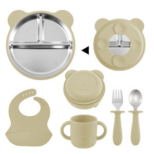 Vaisselle ronde pour enfants divisée en compartiments, assiettes en acier inoxydable pour bébé, manchons en silicone avec ventouses - Product Image 6