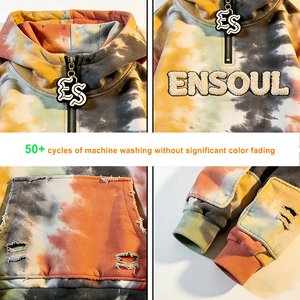 Sudadera con capucha para hombre con cremallera de cuarto, estilo streetwear desgastado, teñido anudado colorido, bordado de chenilla, fabricante BSCI AZO, OEM - Product Image 2