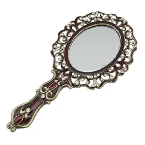 Vintage Bronze Burgundy Hand Epoxy And Jeweled Metal Zinc Alloy Framed Handheld Mirror Single-sided