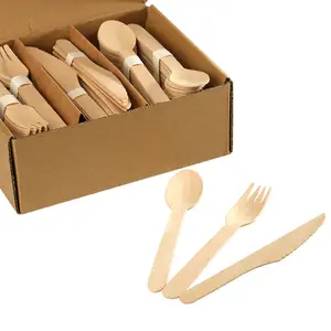 Ready Bulk Eco-Friendly 160mm Wooden 72pcs Fork 72pcs Spoon 72pcs Knife Set Disposable Biodegradable Wooden Cutlery Sets