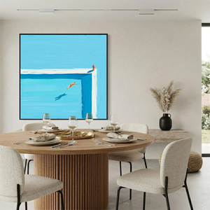 Impression d'art minimaliste sur toile avec cadre en bois, scène de piscine bleue d'été, décoration murale intérieure, peintures de natures mortes modernes - Product Image 5
