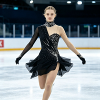 Robe de patinage artistique noire asymétrique à manches longues transparentes avec strass pour enfants et adultes, pour compétitions et spectacles sur glace