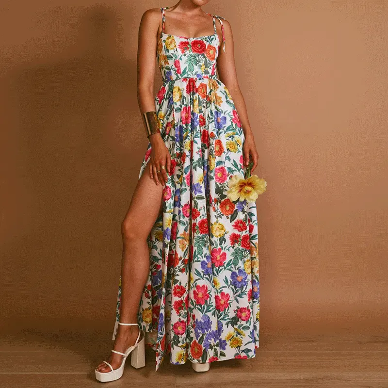 Produttori di abbigliamento personalizzato bohémien Backless Beach Maxi abito da donna Casual floreale