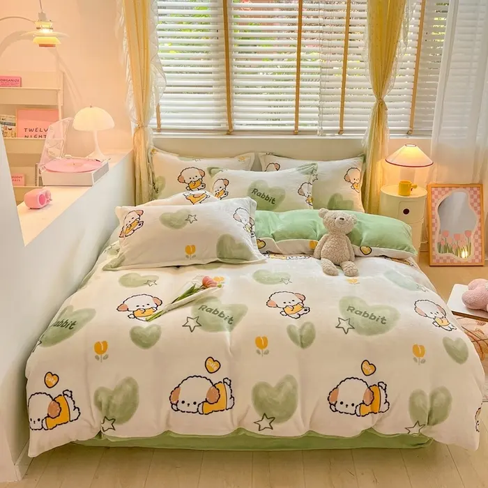 Nuevo juego de cama de terciopelo de leche con estampado de dibujos animados, Sábana de franela ponderada cálida y acogedora, funda nórdica, fundas de almohada, 4 Uds. De ropa de cama