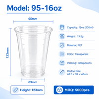 Gobelet jetable en plastique transparent empilable de qualité alimentaire PET 95-16oz pour boissons froides et jus
