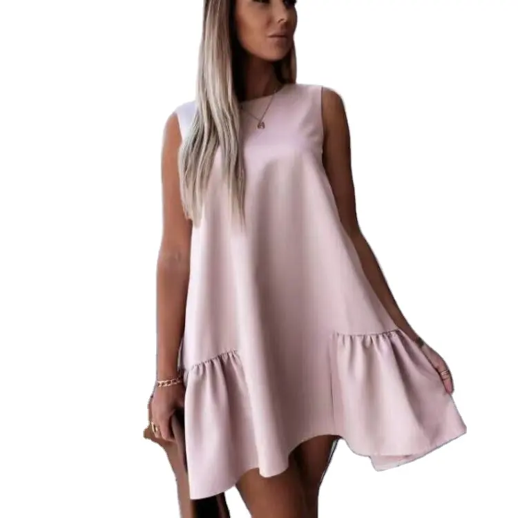 Vestido de moda Vintage para mujer, vestidos informales sencillos sin mangas con cuello redondo para mujer, servicio OEM Natural, tejido de terciopelo liso para adultos 2021