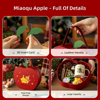 Boîte cadeau de Noël en forme de pomme avec motif de chat de dessin animé, poignée en cuir, insert de feuille 3D, boîte en papier rouge grande capacité pour les fêtes