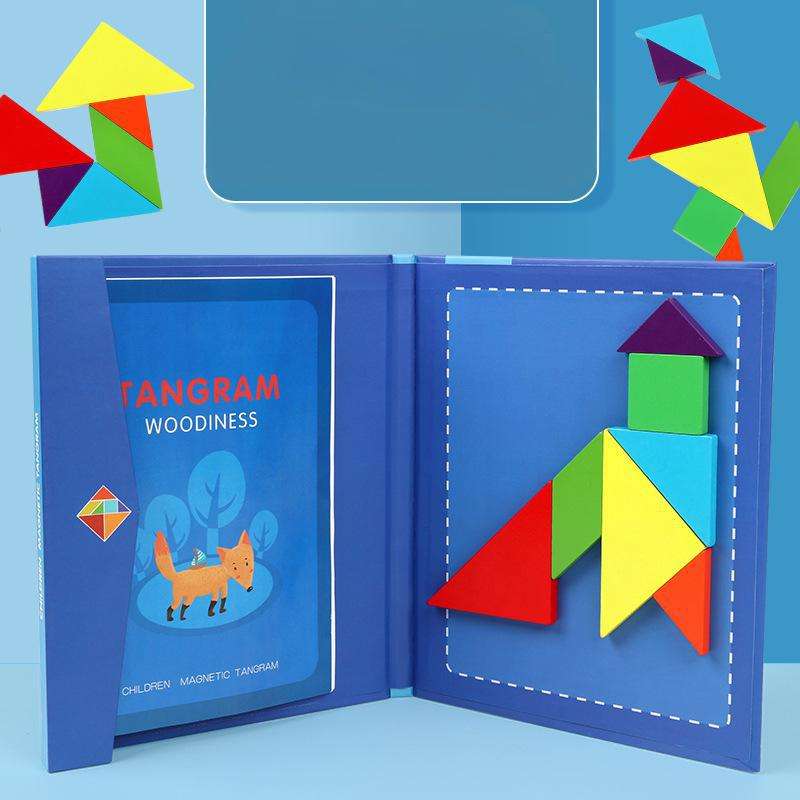 Tangram bleu + beaucoup de blocs de bois