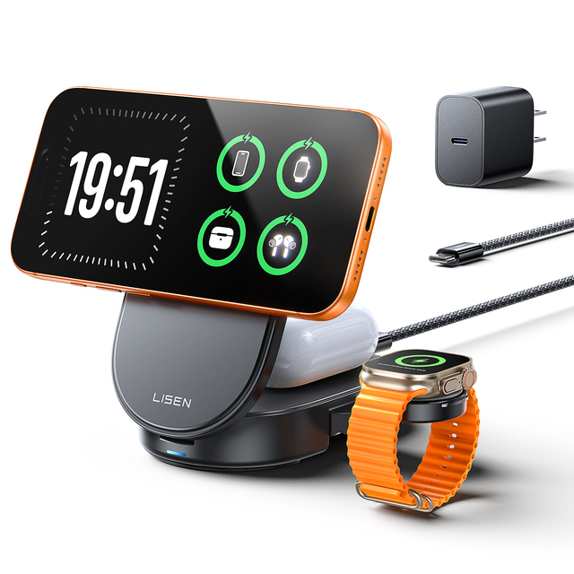 LISEN Magnetic Phone Holder Charger Stand 3 in 1 Wireless Charging Station Dock for iPhone 17 16 Apple Watch Desk Accessories
