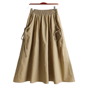 Women's Cotton A-Line Midi <b>Skirt</b> <b>Elastic</b> Waist Solid Color Pocket Drawstring Casual <b>Skirt</b> - Product Image 1