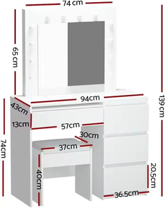White <strong>Black</strong> Wood Dressing <strong>Table</strong> LED <strong>Makeup</strong> Mirror Stool Set Vanity <strong>Table</strong> with 4 Drawers - Product Image 2