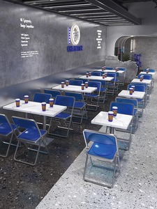 Conjunto de Mesa con Patrón de Mármol y Sillas Plegables Apilables Tapizadas en Cuero Azul Rey, Sofás de Restaurante para Hamburguesería - Product Image 4