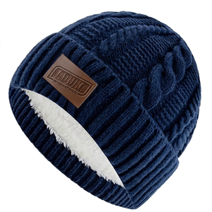 Bonnet en tricot 100 % acrylique personnalisé avec logo en cuir, chaud, uni, unisexe, hiver, fausse fourrure, mode vintage, blanc, noir - Product Image 2