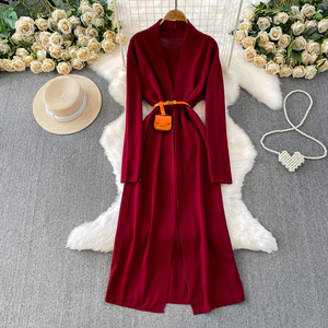 Conjunto Chic de Dos Piezas para Mujer: Cárdigan Largo de Punto con Bloques de Color y Vestido con Letras, Ajustado a la Cintura - Product Image 4