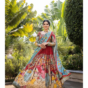 CREPÉ ATRACTIVO ESTAMPADO KALAMKARI TRABAJO LEHENGA CHOLI CON DUPATTA ROJO - Product Image 1