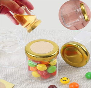 Mini pot en verre de <span class=keywords><strong>confiture</strong></span> de gelée de miel de forme hexagonale transparente de 45ml étiquette de logo personnalisée avec couvercle en métal - Product Image 5