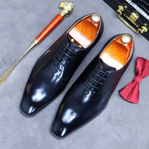 Black Square Toe Brogue Carved Oxford Shoes Full-Grain Leather Lace-Up Breathable Anti-Slip Lightweight Office Career Dress - Product Image 6