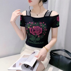 Nueva Blusa de Verano para Mujer, Exquisita, <span class=keywords><strong>con</strong></span> Pedrería, de Malla de Seda Helada, Manga Corta, <span class=keywords><strong>con</strong></span> Hombros Descubiertos y <span class=keywords><strong>Espalda</strong></span> Estilizada - Product Image 1