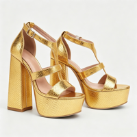 Sandales à plateforme dorées tendance pour femme, style audacieux, à talon bloc épais, motif croco gaufré, bride en T, boucle de cheville, pour soirée, vente en gros