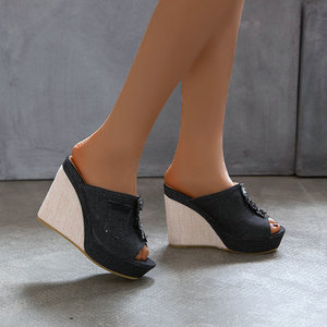 Fashionable Korean Style Denim Women's Slippers <strong>With</strong> <strong>Wedge</strong> Heel Summer Outwear Shoes New <strong>Platform</strong> Design for Foreign Trade - Product Image 2