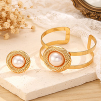 Ensemble de 2 pièces, style européen et américain élégant, ouverture réglable, bracelet en métal torsadé avec perles, ensemble de bagues pour femmes