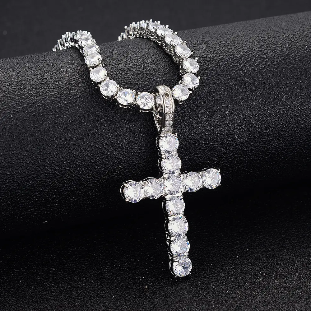 Religious Jesus Cross Necklace Man Micro Pave Big Zircon Cross Pendant Necklaces Men Stainless Steel Cross Necklaces