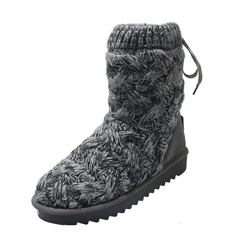 2022 Snow boots Women's wool fur integrated knitting bow knot plush thickened high tube gray women's cotton shoes