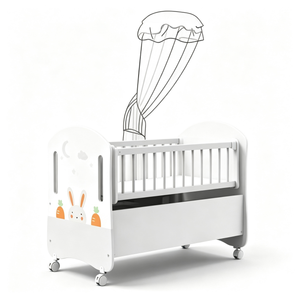 Cama infantil personalizada con cajón de almacenamiento, Cuna para bebé con ruedas, Cuna para bebé con estampado de conejitos, Cuna de madera blanca para bebé - Product Image 2