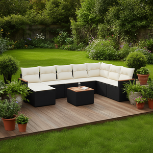 Conjunto de Sofá de Jardín de Ratán Negro con Cojines Crema, Muebles de Exterior de Diseño Contemporáneo - Product Image 2