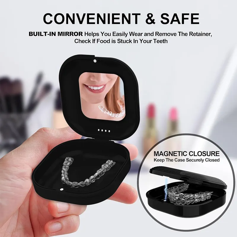 Smilestar Estuche de alineador blanco y negro con espejo, compatible con Invisalign, Estuche de protección bucal, Estuche de retención lindo Caja de dentadura