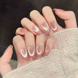 Diseño # 587 # 627 # 722 <span class=keywords><strong>Uñas</strong></span> Postizas Minimalistas de Alta Calidad con Diseño de Ojo de Gato <span class=keywords><strong>y</strong></span> Brillo, <span class=keywords><strong>Elegantes</strong></span>, Hechas a Mano, Cortas, Estilo Francés - Product Image 3