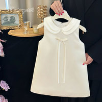 Gaun Bayi Perempuan Model A-Line Selutut Bahan Satin Sutra Lapis Katun Ramah Lingkungan Elegan Formal dengan Kerah Peter Pan dan Pita