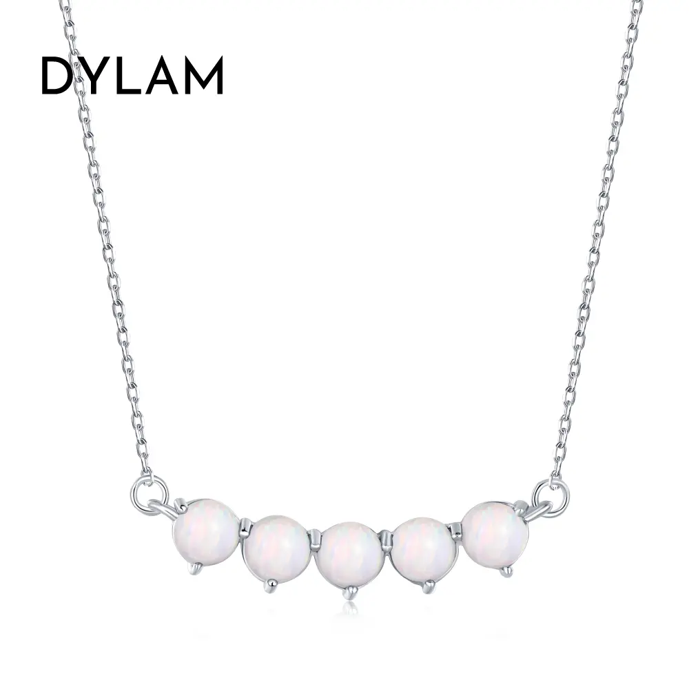 Dylam Designer Design Fashion Jewelry White Blue Opal Pendant Horizontal Beaded Bar Chain Women 925 Sterling Silver Necklaces