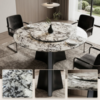 Table à manger ronde en marbre Luca Patagonia avec plateau tournant |   Colonne cannelée en marbre veiné noir poli, sur mesure pour villa et hôtel
