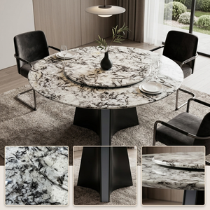 Tavolo da Pranzo Rotondo in Marmo Naturale Snow Mountain Flying Fox con Vassoio Girevole, Emana Stile Moderno e Lussuoso per la Casa - Product Image 1