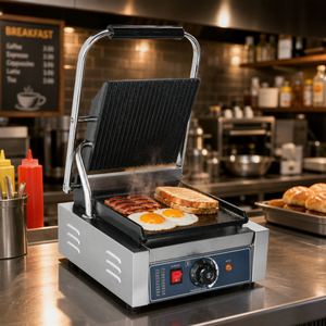 Prensa de contacto eléctrica comercial de un solo cabezal 220V, plancha plana para sándwiches, panini, hamburguesas, filetes, para cafeterías, restaurantes y cocinas. - Product Image 6