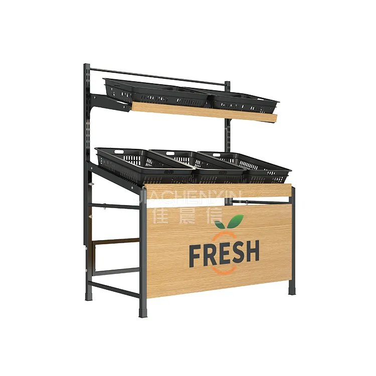 Supermarket Wooden Metal Shelving Store Fruit and Vegetable Stands Steel Produce Stand Display Rack Shelf for Shop