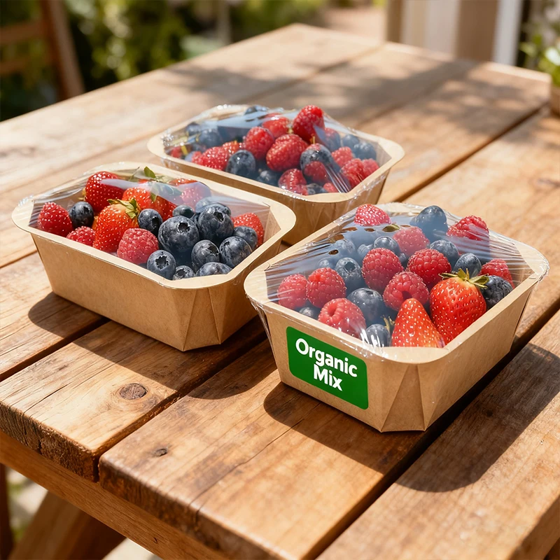SenAng Biodegradable Kraft Paper Box Food Grade Eco Packaging For Supply Transport Kraft Paper Fruit Trays With Cling Film Seal