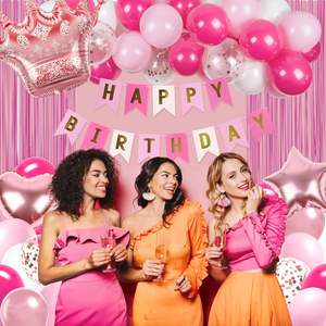 קישוטי יום הולדת נסיכה ורוד לוהט לנשים, בלונים לבנים ורודים בהירים, באנר, וילונות גדילים, יום הולדת 21-60 שמח - Product Image 2