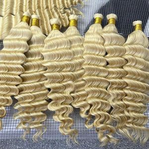 Capelli Remy Russi Ricci Biondi Grezzi Non Trattati, Onda Profonda, Tinti, 16 Pollici, 50g, Doppia Trama per Macchina Intrecciatrice, Vendita all'Ingrosso - Product Image 4