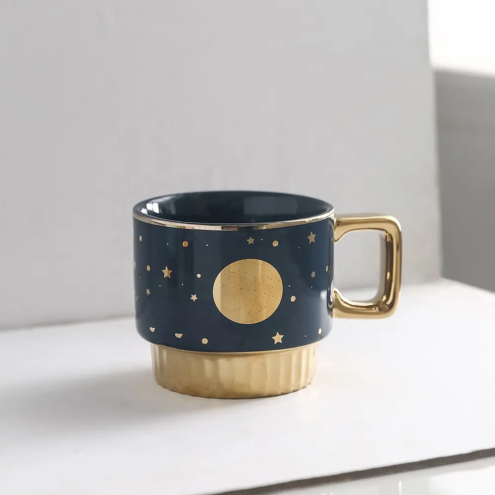350ml Handgrid Ceramic Mug Colored Cup with Electroplate Golden Decor for Holding Milk Coffee Water Tea Juice
